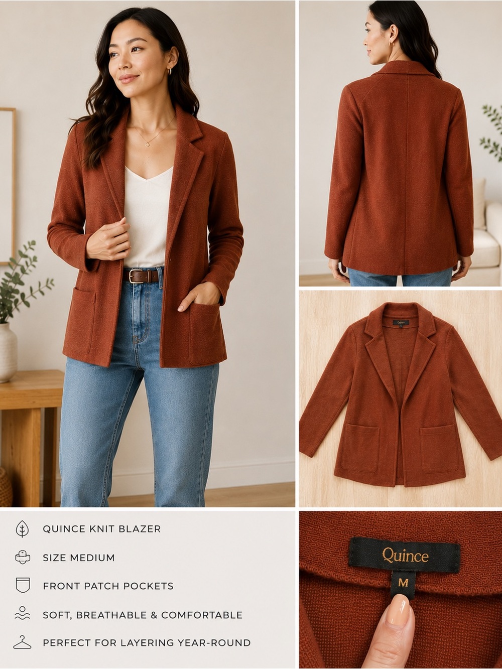 Quince Knit Blazer Jacket in Rust Brown